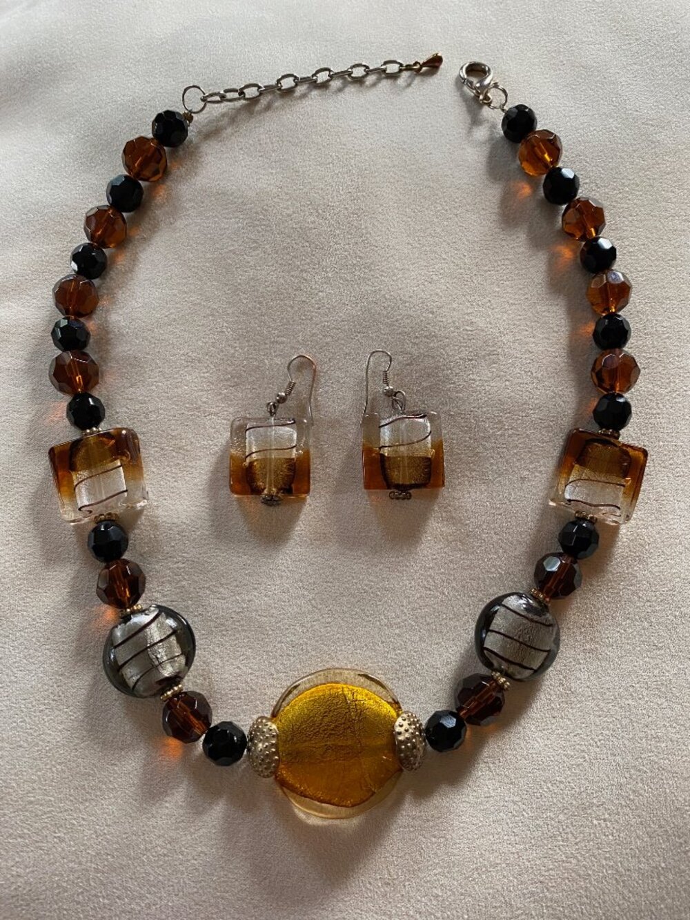 Artisan Lampwork Glass Foil earring & necklace set Amber tone